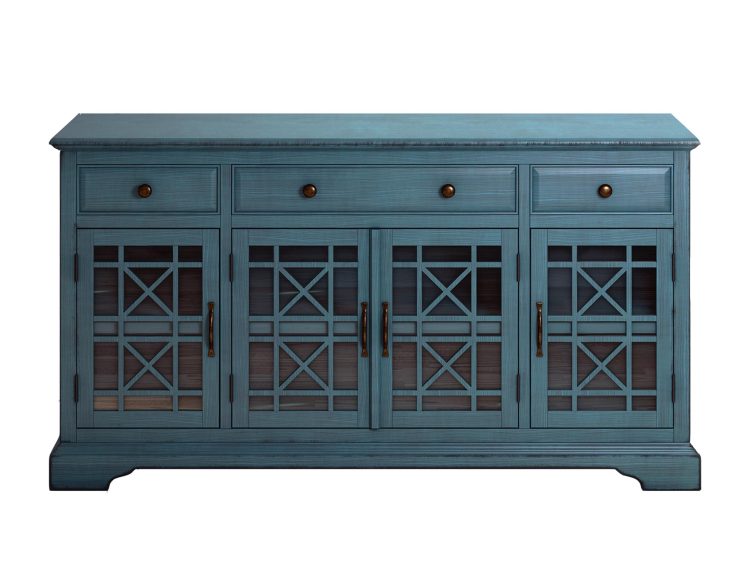 Komoda turkusowa z trzema szufladami i czterema drzwiami w kratownicę