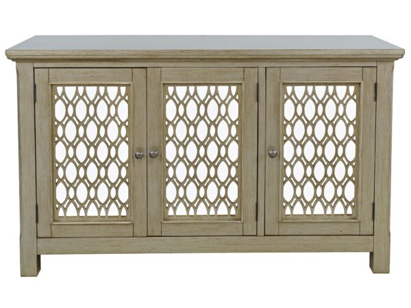 Szafka rtv z drewnianym frontem ażurowym w stylu rustykalnym