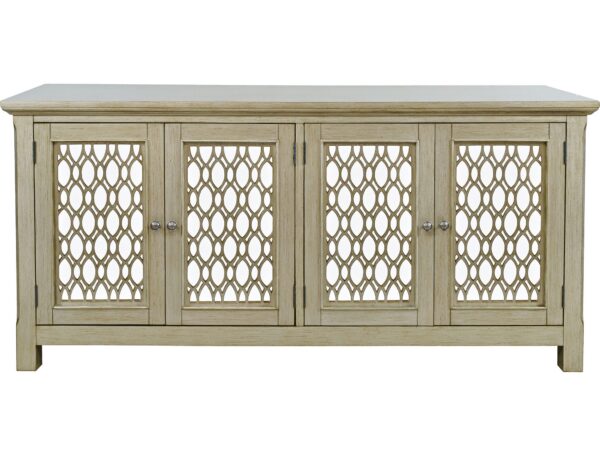 Komoda rtv z metalowymi uchwytami i ażurowymi drzwiczkami