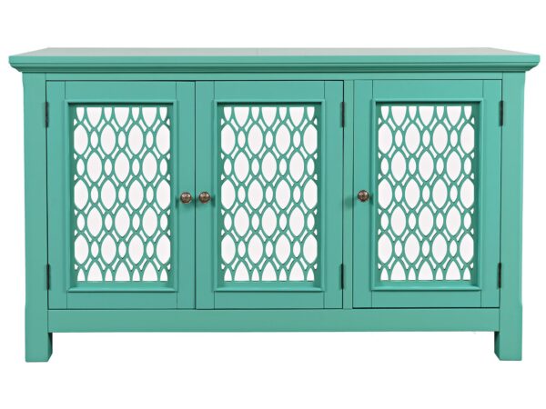 Szafka w kolorze turkusowym z ażurowymi frontami w aranżacji wnętrza