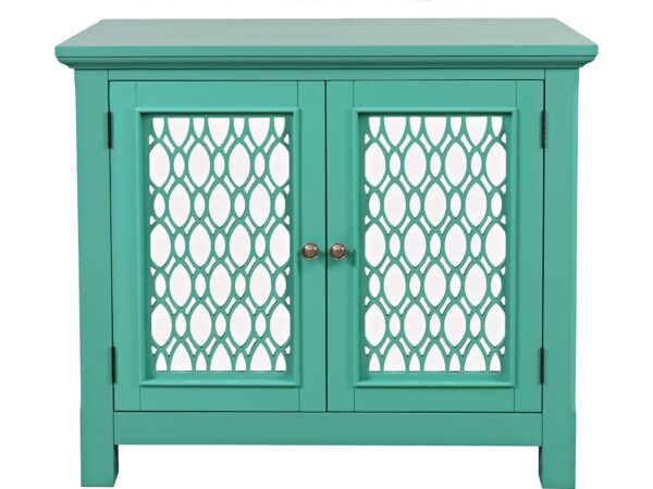 Komoda turkusowa z ażurowymi frontami w stylu prowansalskim