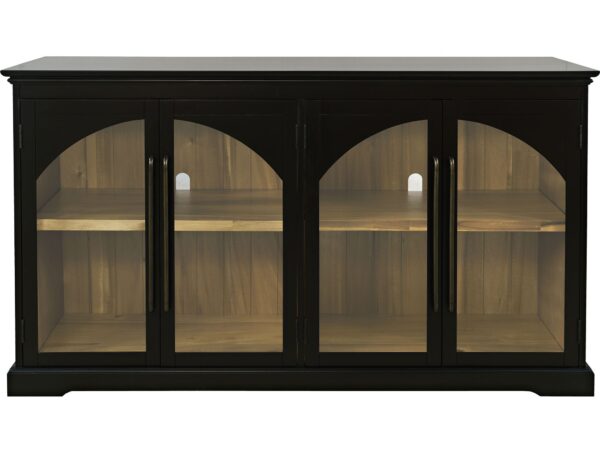 Długa witryna czarna z przeszklonymi drzwiami i drewnianym wnętrzem