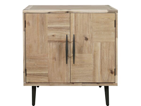 Komoda drewniana w naturalnym wykończeniu z czarnymi nogami i uchwytami