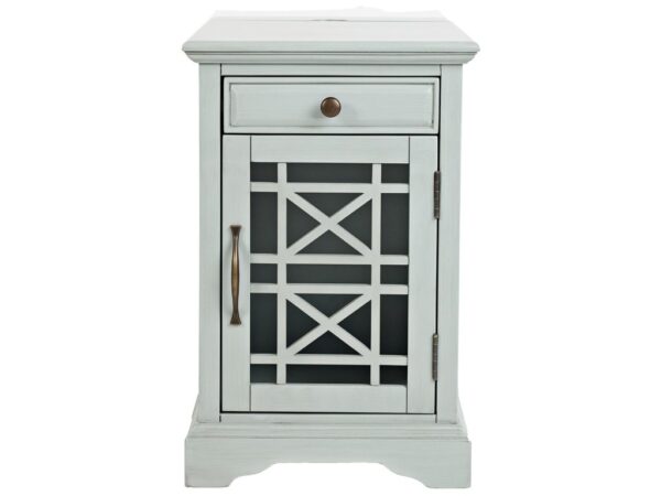 Szafka nocna w kolorze błękitnym z ażurowym frontem i szufladą