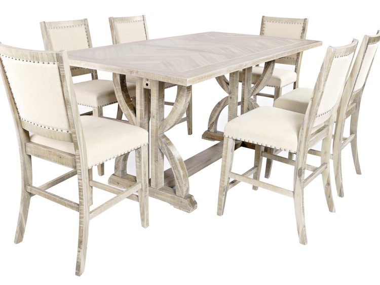 Zestaw jadalniany z prostokątnym stołem w kolorze jasnego drewna i sześcioma krzesłami