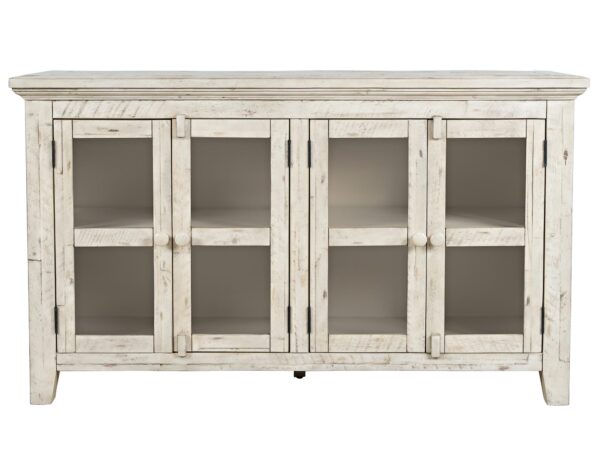 Komoda w stylu rustykalnym z przeszklonymi frontami i półkami