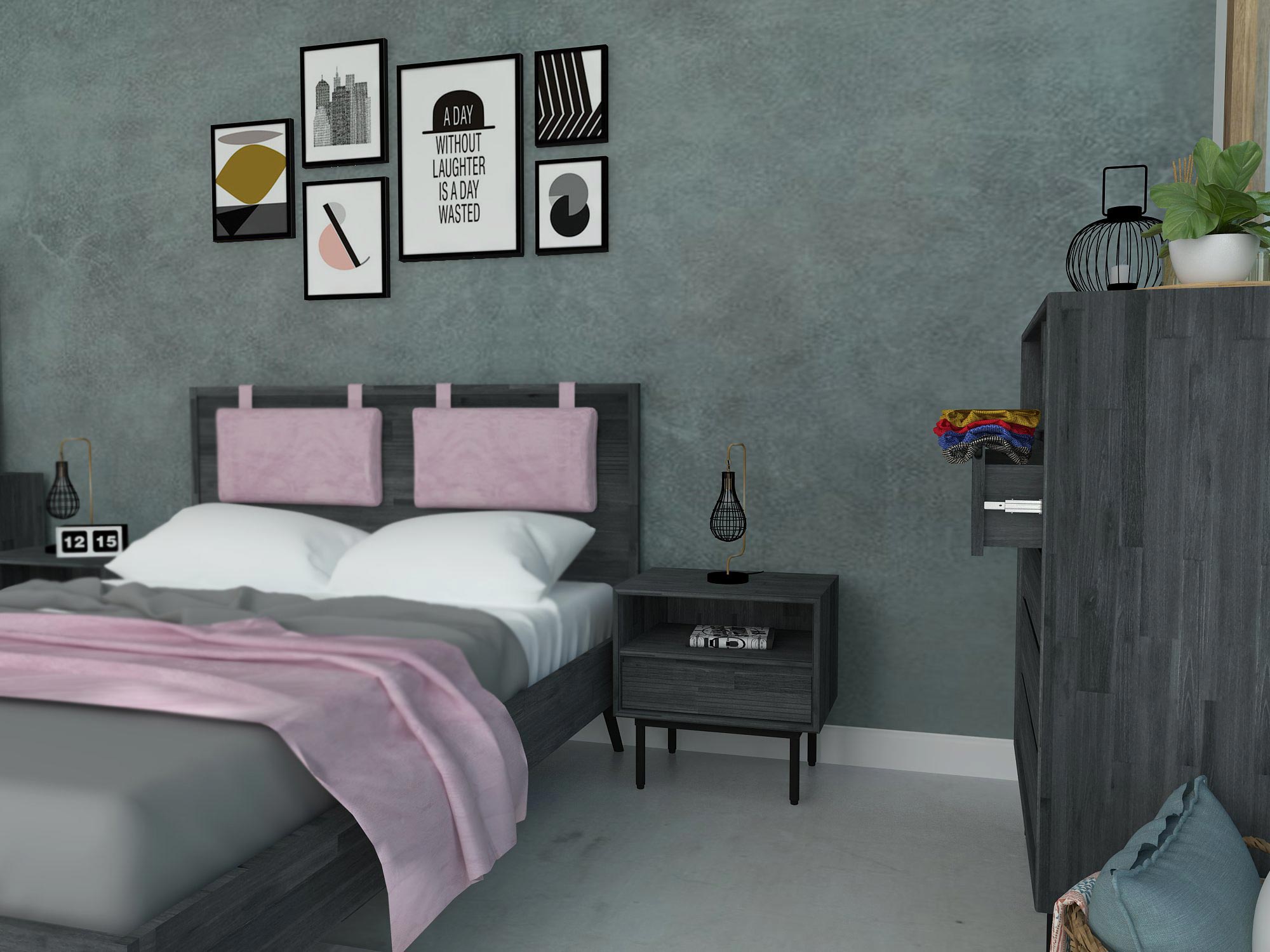 Aranżacja sypialni z łóżkiem tapicerowanym i szafką loftową Aranżacja sypialni z łóżkiem tapicerowanym i szafką loftową