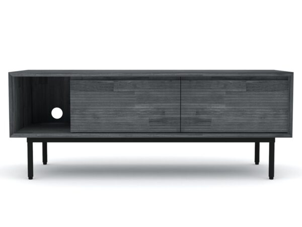 Szafka RTV loftowa z żaluzjowymi frontami i minimalistycznym designem