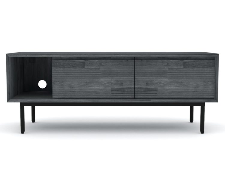Szafka RTV loftowa z żaluzjowymi frontami i minimalistycznym designem
