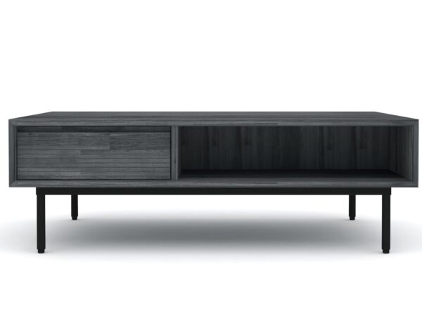 Długa szafka RTV z czarnego drewna i zamykanym schowkiem