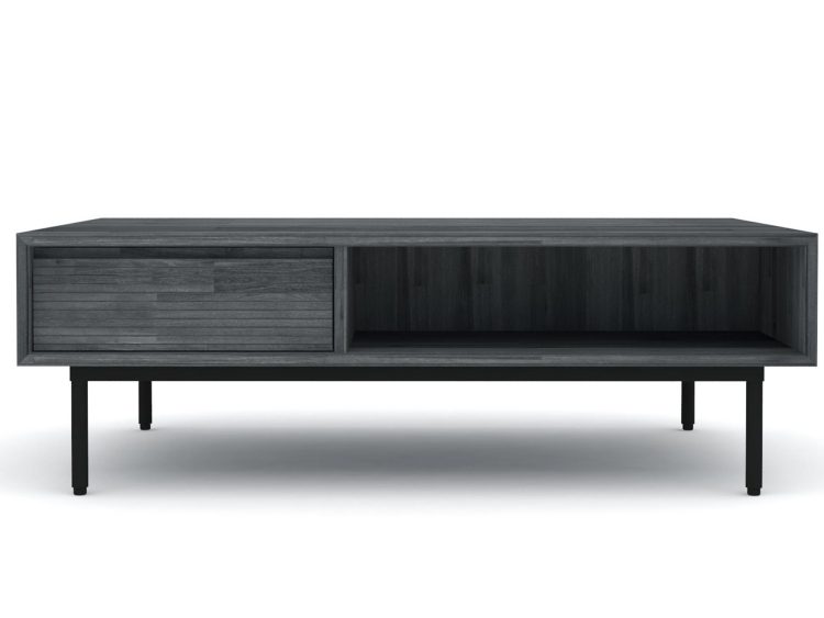 Długa szafka RTV z czarnego drewna i zamykanym schowkiem