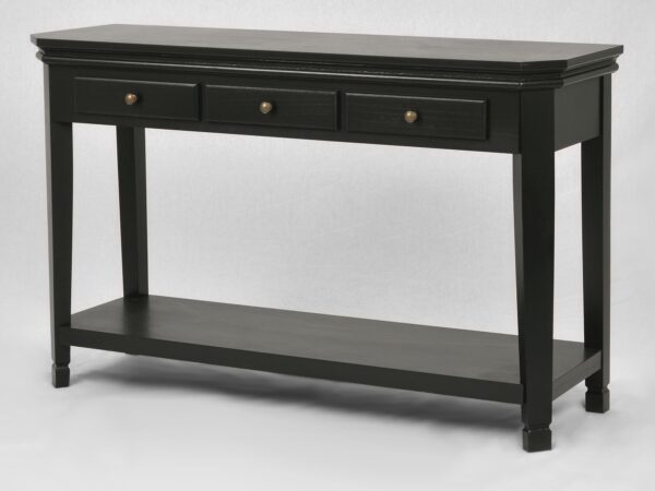 Detal czarnej konsoli z szufladą i złotym uchwytem