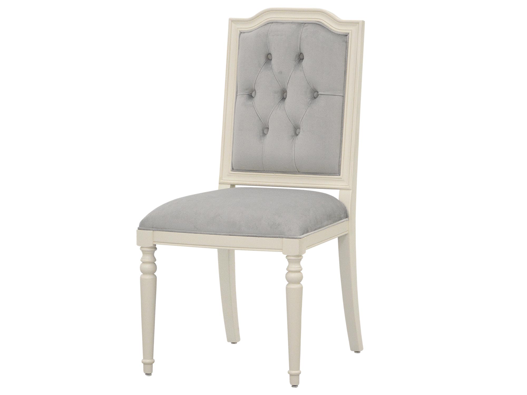 Krzesło w stylu klasycznym z białą ramą i pikowanym oparciem tapicerowanym na szaro