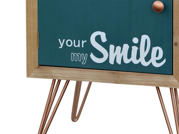 Szafka vintage z napisem "Smile" i metalowymi nóżkami