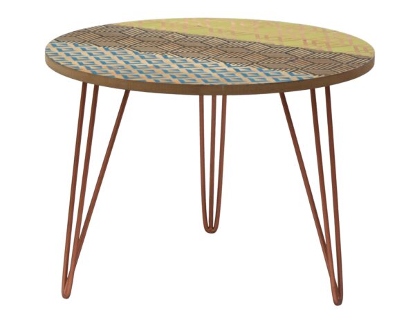 Okrągły stolik vintage z kolorowym blatem i metalowymi nogami