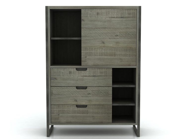 Szafka z szufladami i otwartymi półkami z ciemnego drewna