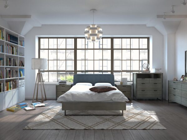 Aranżacja sypialni z łóżkiem i komodą w stylu industrialnym