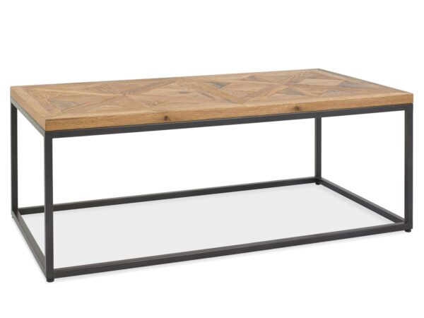Prostokątny stolik kawowy z blatem drewnianym w jodełkę i czarną metalową ramą, widok z boku