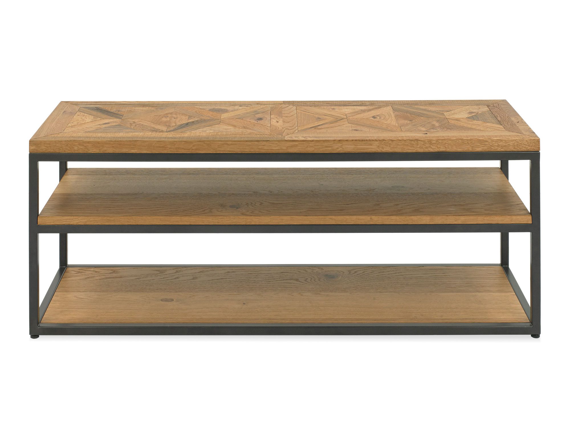 Zbliżenie na krawędzie półek stolika RTV z drewnianym blatem i metalową ramą