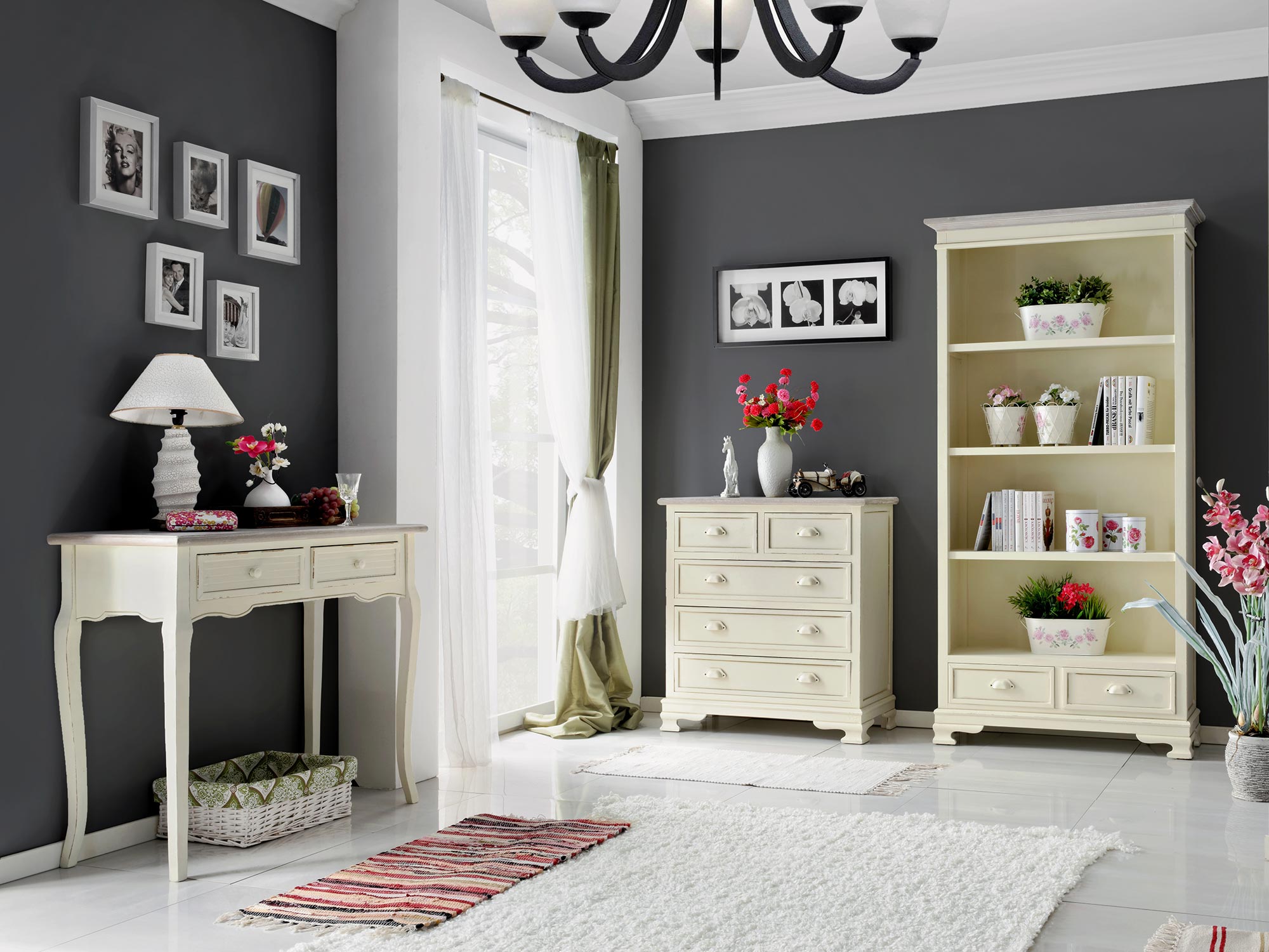 Aranżacja salonu z meblami w stylu francuskim i rustykalnym