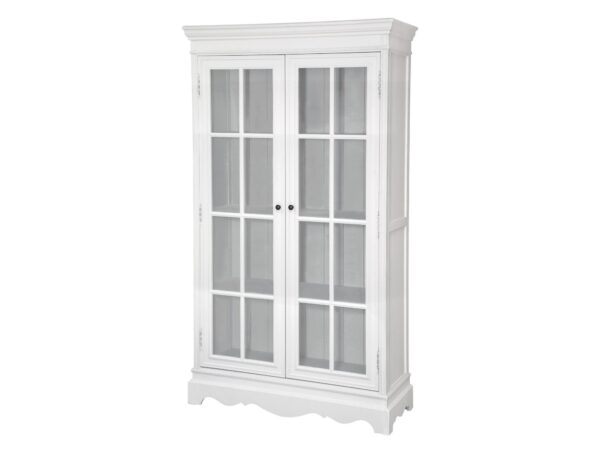 Przeszklony biały kredens z klasyczną ramą i stylowym wykończeniem