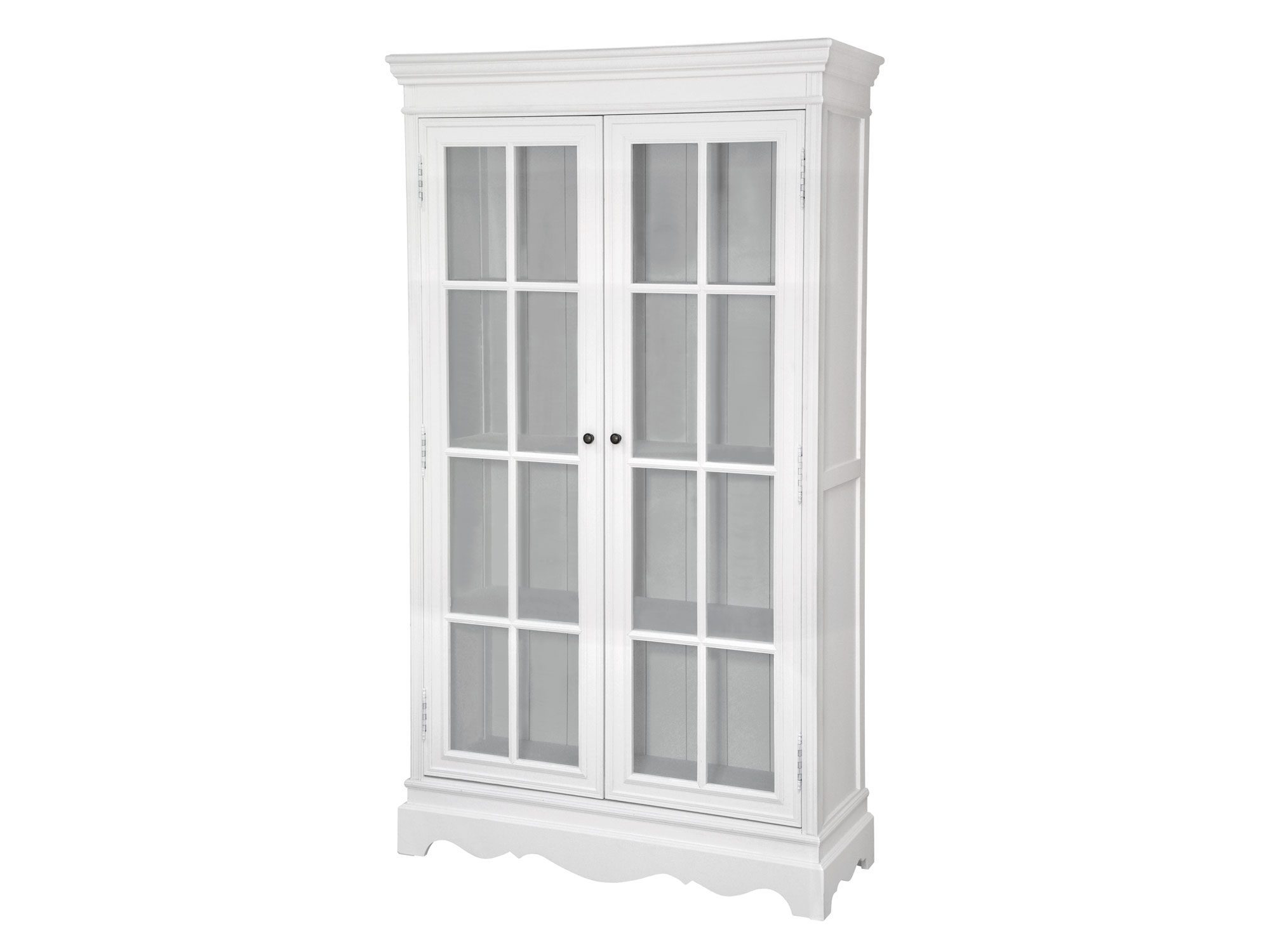 Przeszklony biały kredens z klasyczną ramą i stylowym wykończeniem