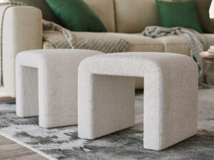 miniaturka Jasnobeżowa Ławka Tapicerowana Elegancka Tkanina Szenilowa – Edinburgh