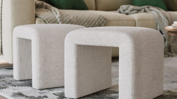 miniaturka Jasnobeżowa Ławka Tapicerowana Elegancka Tkanina Szenilowa – Edinburgh