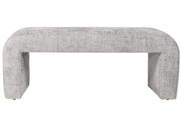 Ławka tapicerowana w jasnoszarej tkaninie boucle do sypialni