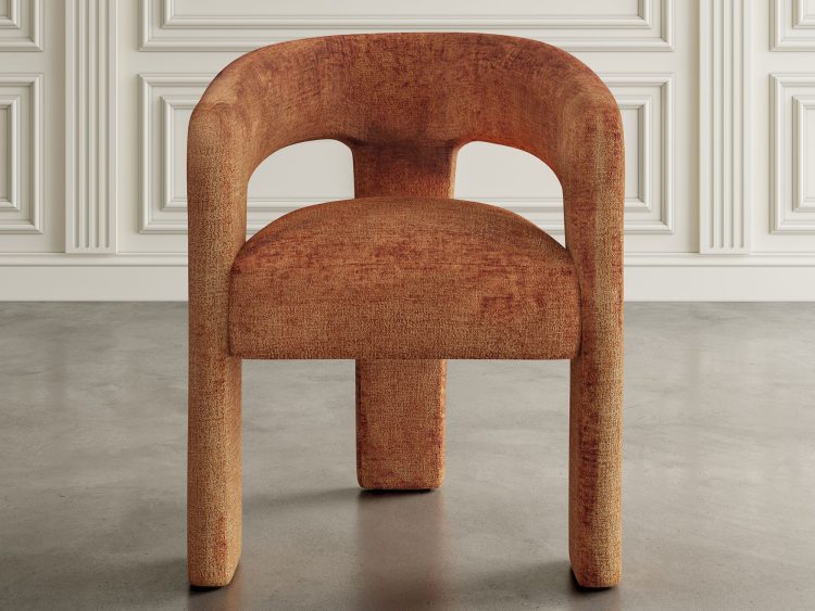 Pomarańczowe tapicerowane krzesło z podłokietnikami w nowoczesnym wnętrzu