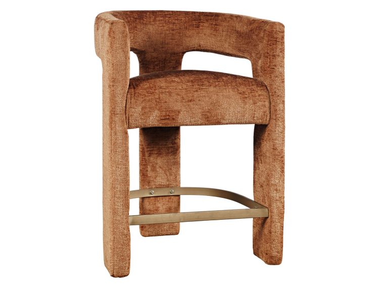 Hoker barowy tapicerowany w tkaninie o rudobrązowym odcieniu z wyciętym oparciem i podłokietnikami
