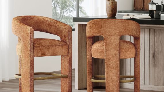 miniaturka Cynamonowy Hoker Barowy Szenilowa Tapicerka Podnóżek Metalowy – Edinburgh