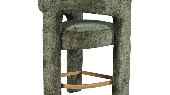 miniaturka Oliwkowy Hoker Barowy Szenilowa Tapicerka Metalowy Podnóżek – Edinburgh