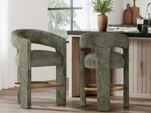 miniaturka Oliwkowy Hoker Barowy Szenilowa Tapicerka Metalowy Podnóżek – Edinburgh