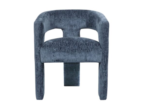 Krzesło nowoczesne w szaro-niebieską plecioną tkaninę, z zaokrąglonym oparciem i prostymi nogami