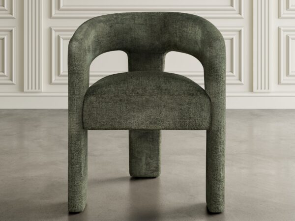 Zielone tapicerowane krzesło z oparciem i podłokietnikami w nowoczesnym stylu