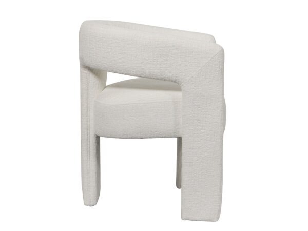 Krzesło tapicerowane w szaro-białą plecioną tkaninę, z szerokim okrągłym siedziskiem.