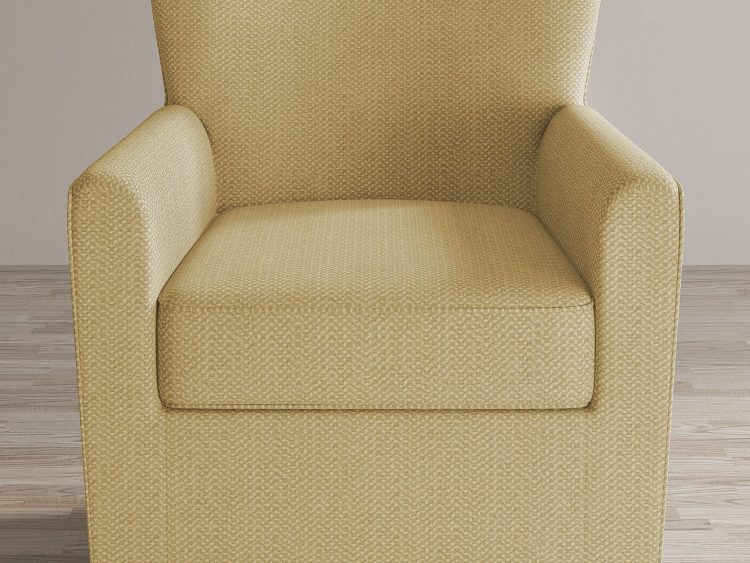 Fotel żółty tapicerowany o prostym, nowoczesnym kształcie
