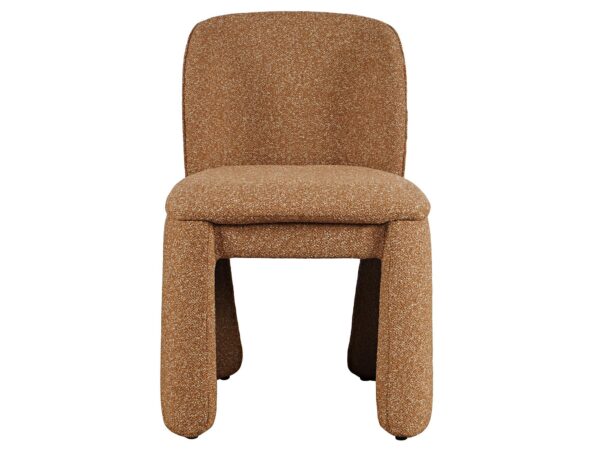Nowoczesne krzesło w ciepłym brązie, obite tkaniną boucle, o opływowych kształtach