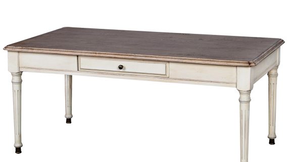 Stolik kawowy prowansalski z jasnobrązowym blatem i metalowymi nogami – Garda