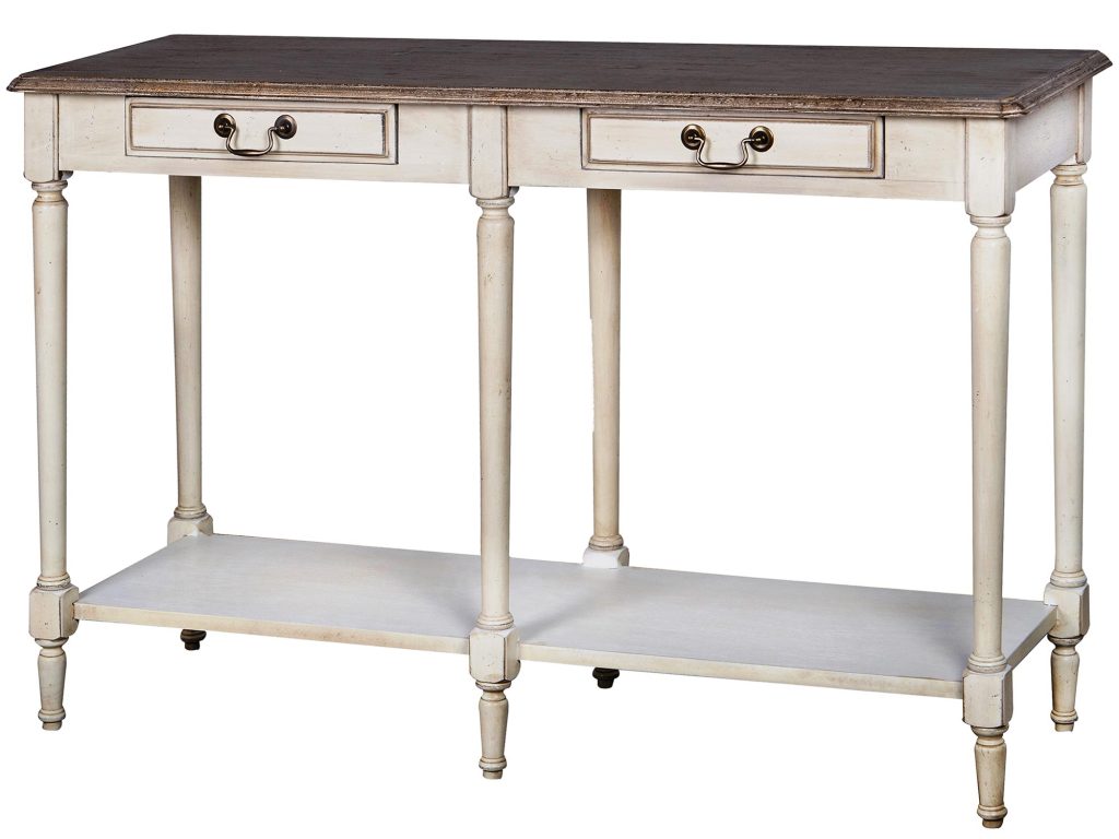 Drewniana konsola prowansalska z toczonymi nogami i metalowymi uchwytami – Garda