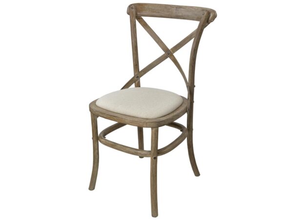 Krzesło w stylu rustykalnym z krzyżowym oparciem i siedziskiem z tkaniny