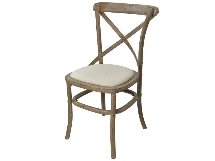 Krzesło w stylu rustykalnym z krzyżowym oparciem i siedziskiem z tkaniny