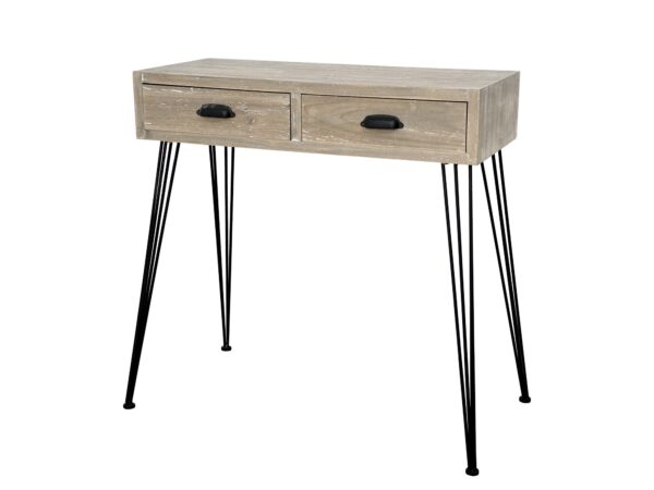 Konsolka industrialna z dwoma szufladami i metalowymi nogami