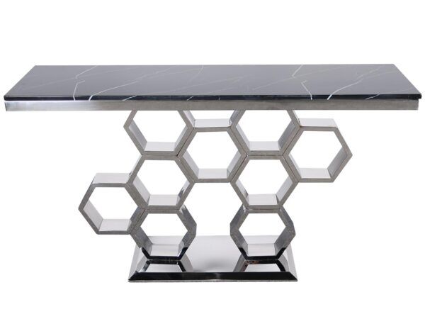 Nowoczesna konsola z czarnym blatem i podstawą z sześciokątnych srebrnych elementów