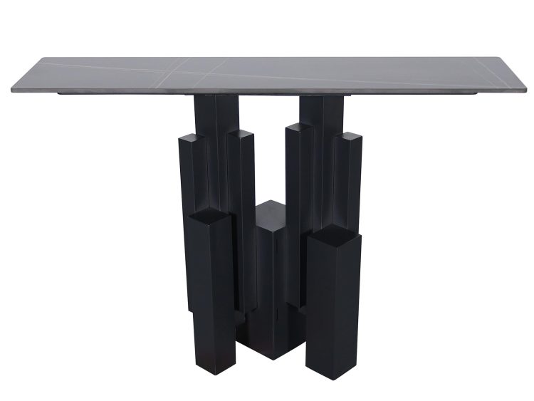 Czarny stół z rzeźbioną podstawą – styl designerski do jadalni