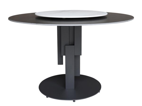 Okrągły stół z czarnym blatem i rzeźbioną podstawą w stylu loftowym