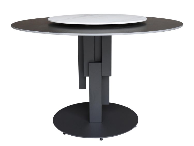 Okrągły stół z czarnym blatem i rzeźbioną podstawą w stylu loftowym