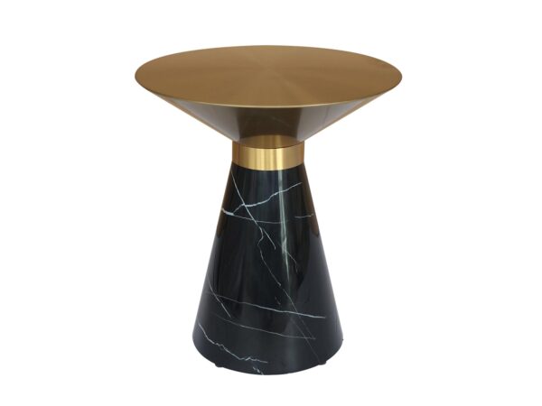 Nowoczesny stolik z czarnym marmurowym blatem i złotą podstawą w formie odwróconego lejka