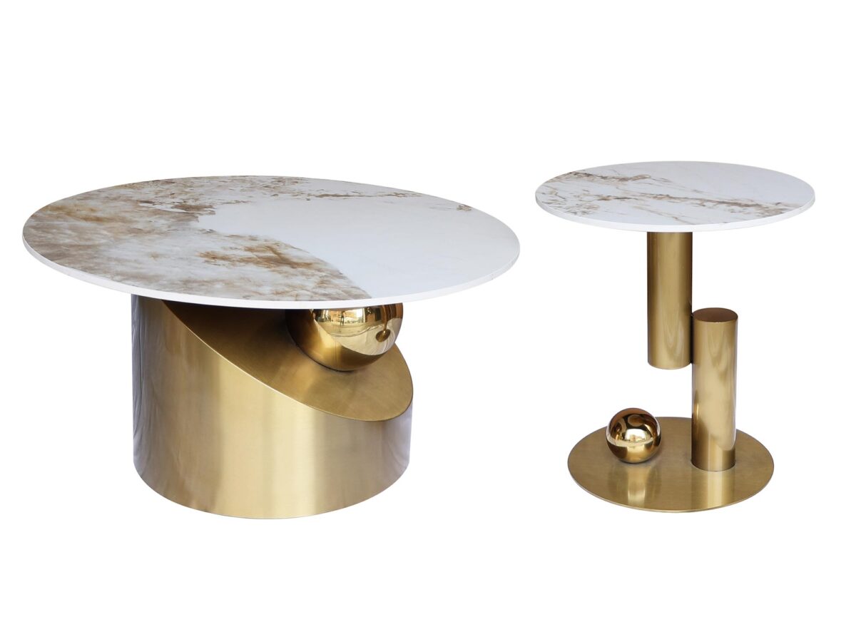 Zestaw Stoliki Kawowe Złota Podstawa Biały Marmur – Virtus